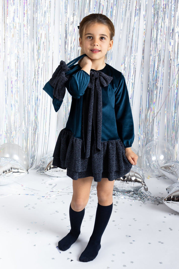 Calamaro Excellentt "Seraphina" Sparkly Navy Velvet Drop Waist Dress - Millie and John