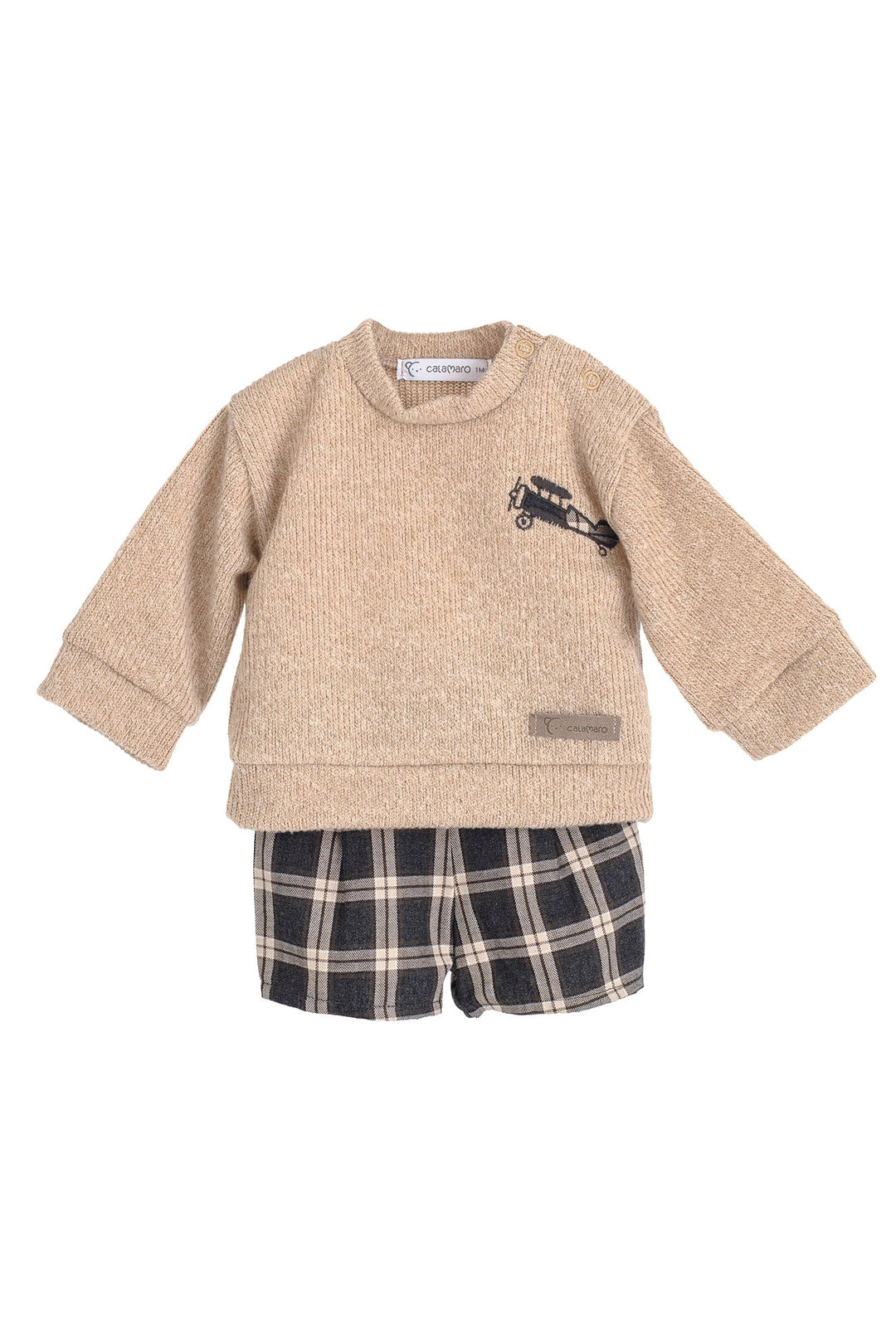 Calamaro "Harris" Beige Chenille Top & Charcoal Tartan Shorts - Millie and John