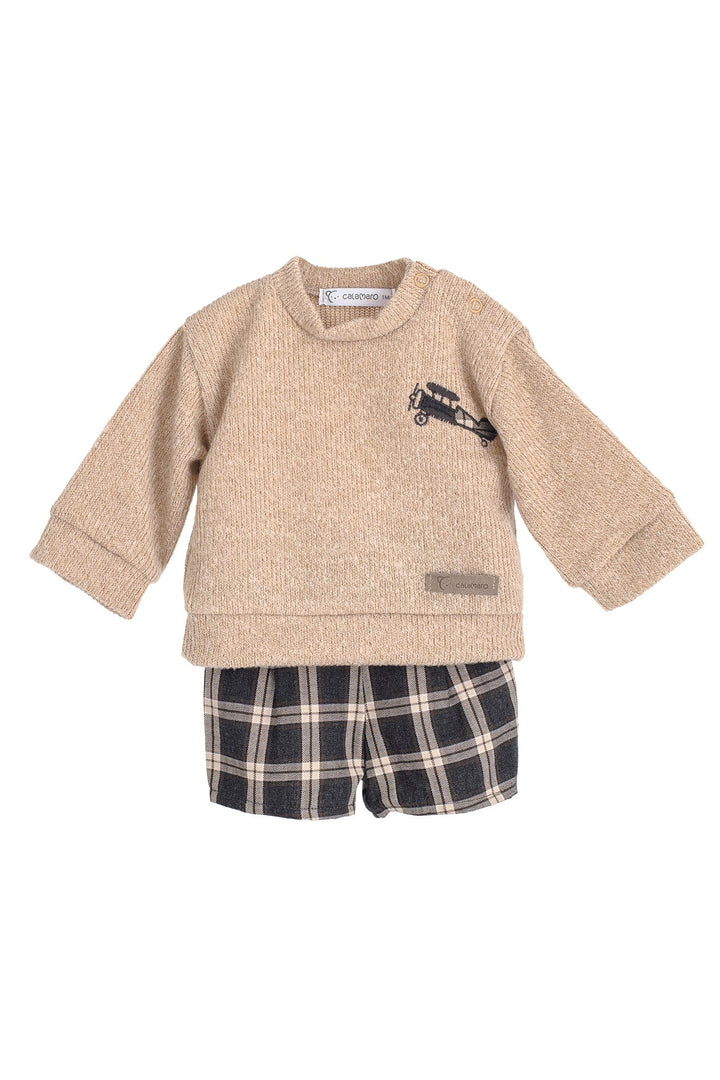Calamaro "Harris" Beige Chenille Top & Charcoal Tartan Shorts - Millie and John