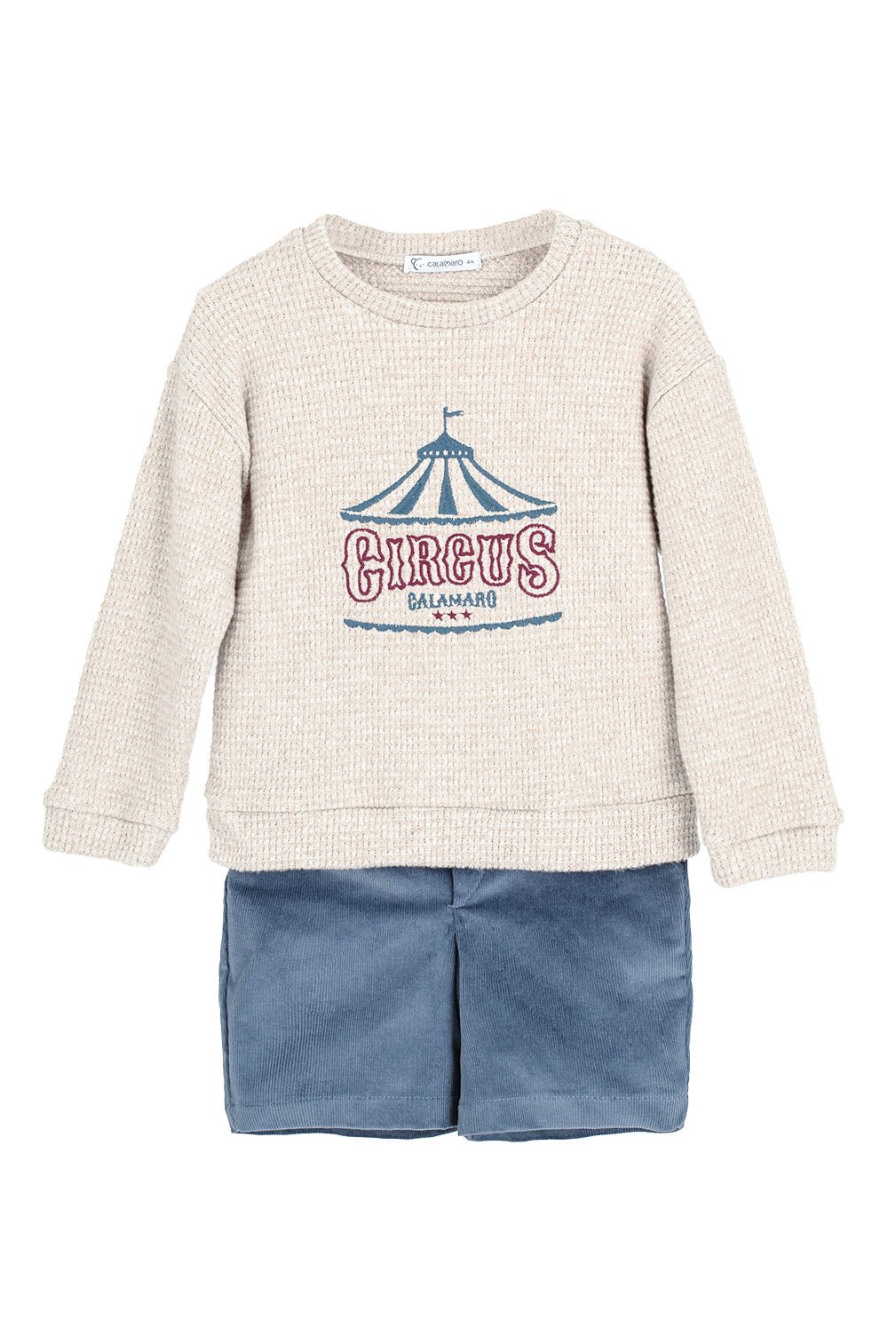 Calamaro "Hugo" Stone Chenille Circus Jumper & Dusky Blue Shorts - Millie and John