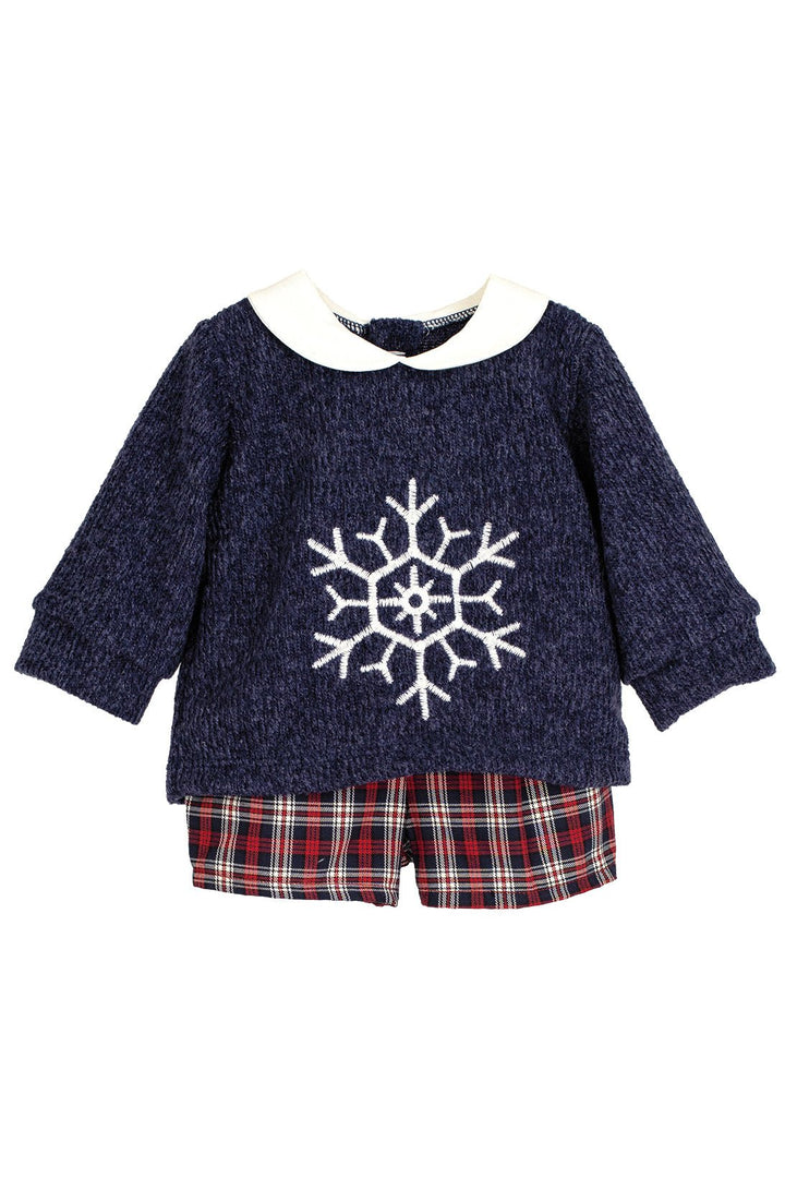 Calamaro "Jasper" Navy Chenille Snowflake Jumper & Tartan Shorts - Millie and John