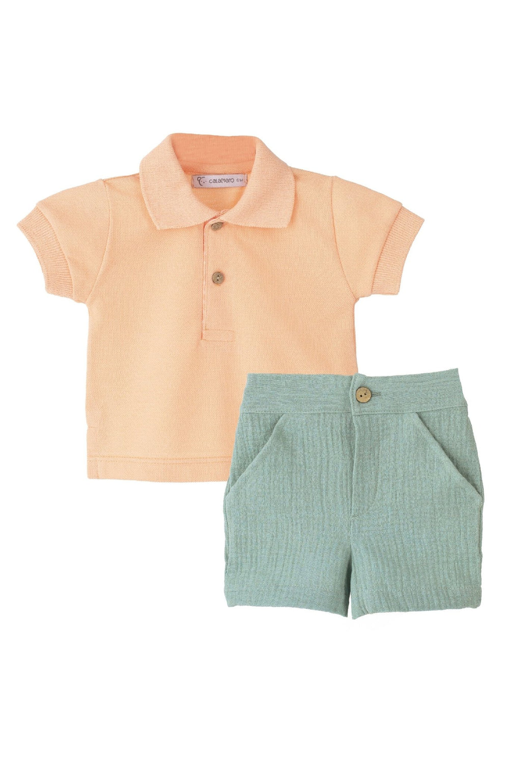 Calamaro "Leonard" Peach Polo Shirt & Sage Green Shorts - Millie and John
