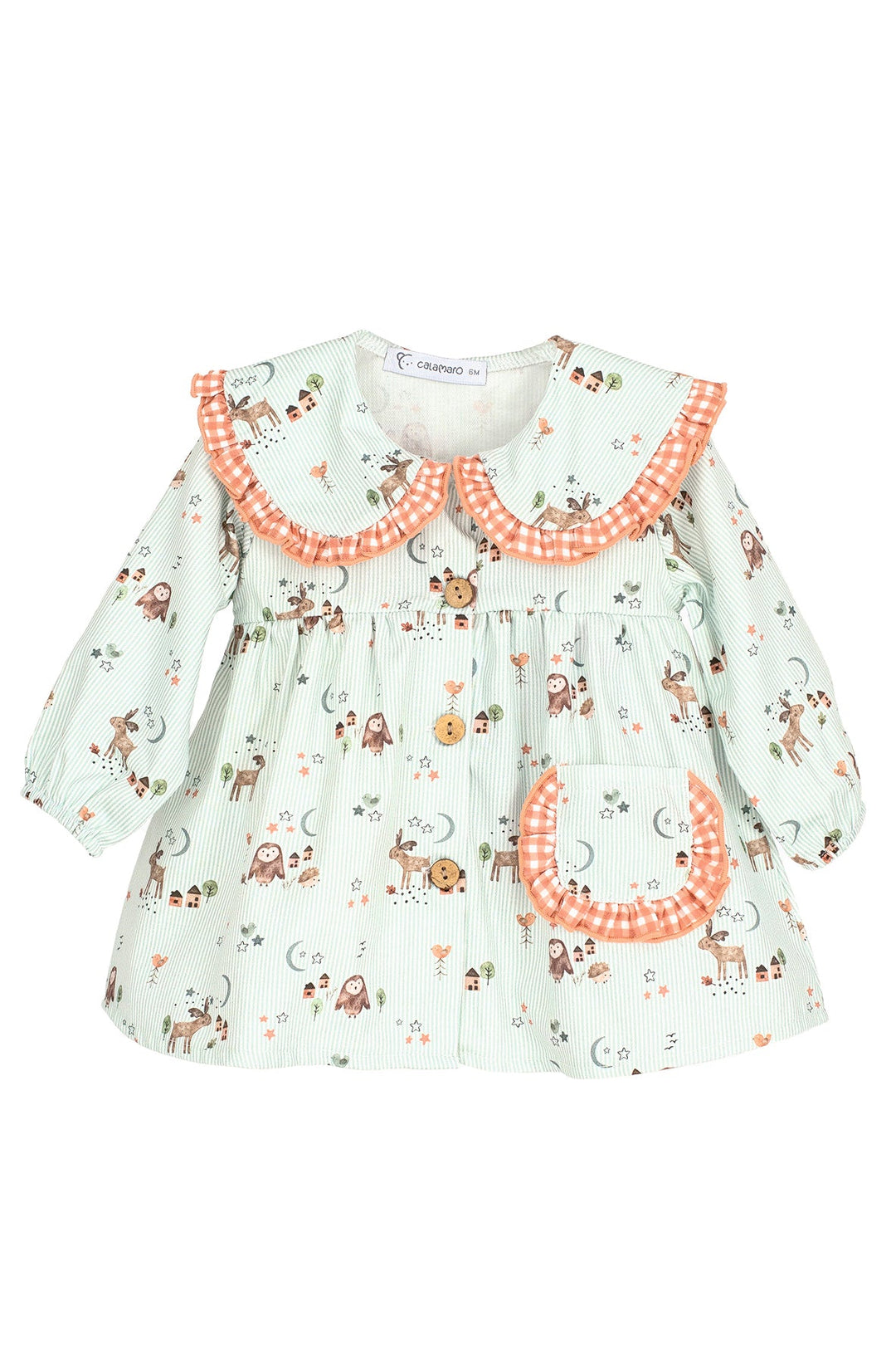 Calamaro "Mabel" Sage Green Striped Forest Animals Dress - Millie and John