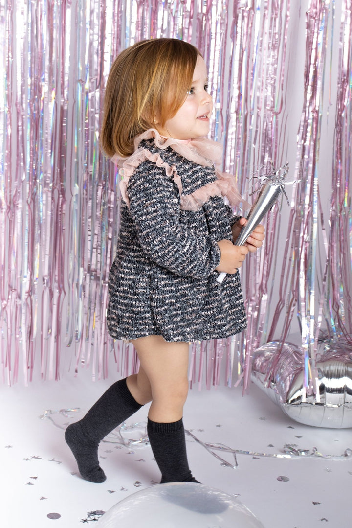 Calamaro "Odette" Charcoal & Dusky Pink Shimmer Tweed Dress & Bloomers - Millie and John