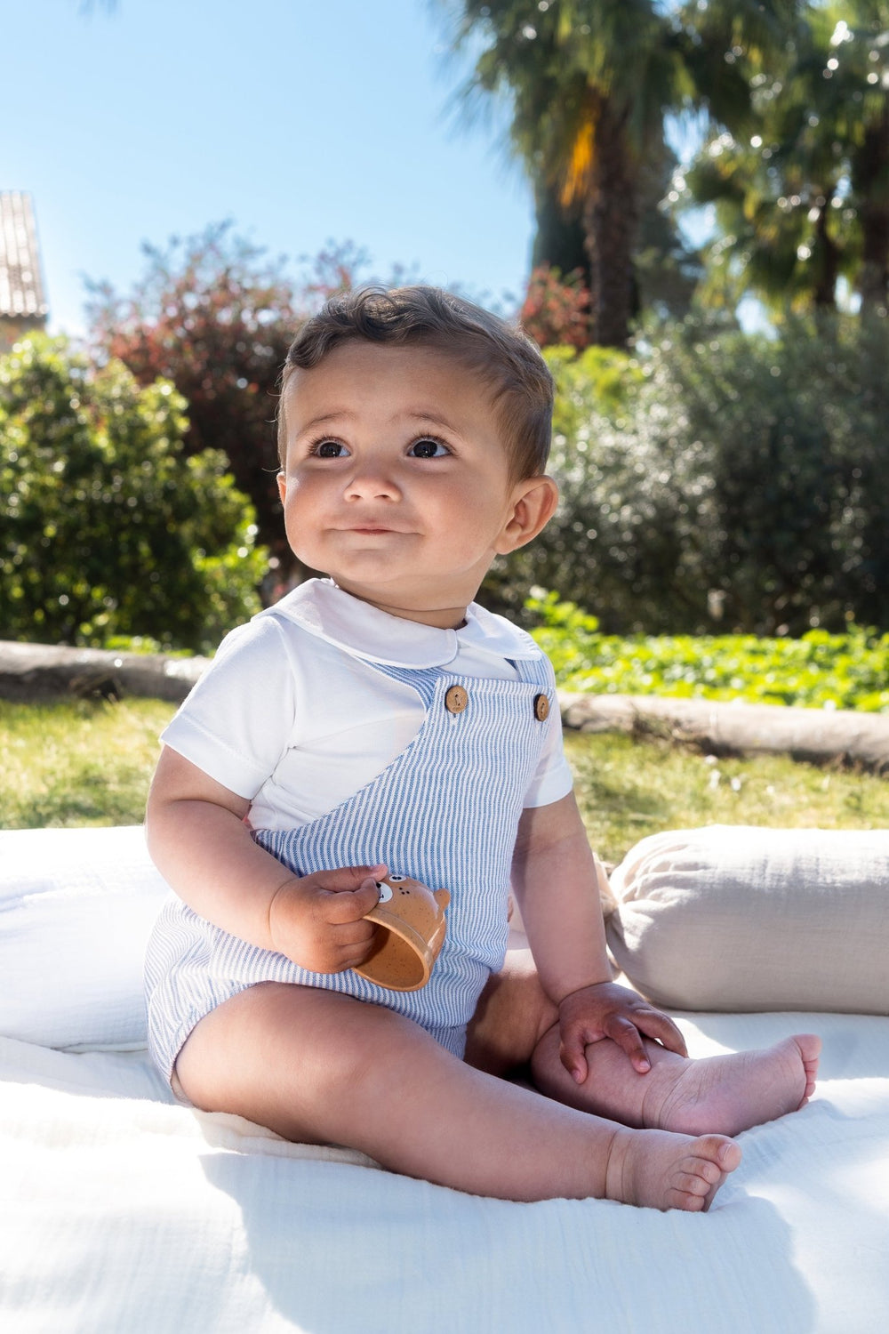 Calamaro "Otto" Blue Striped Dungaree Romper - Millie and John