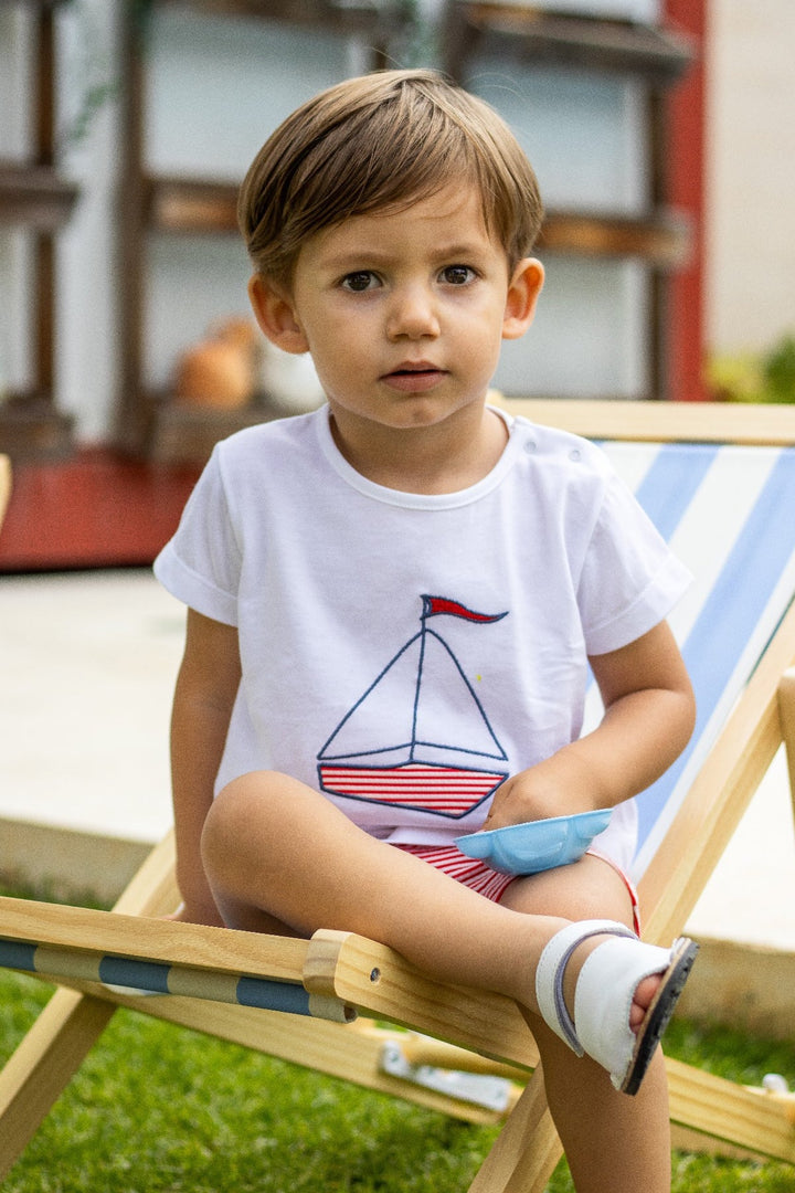 Calamaro "Percival" Red Striped Sailboat T-Shirt & Swim Shorts - Millie and John