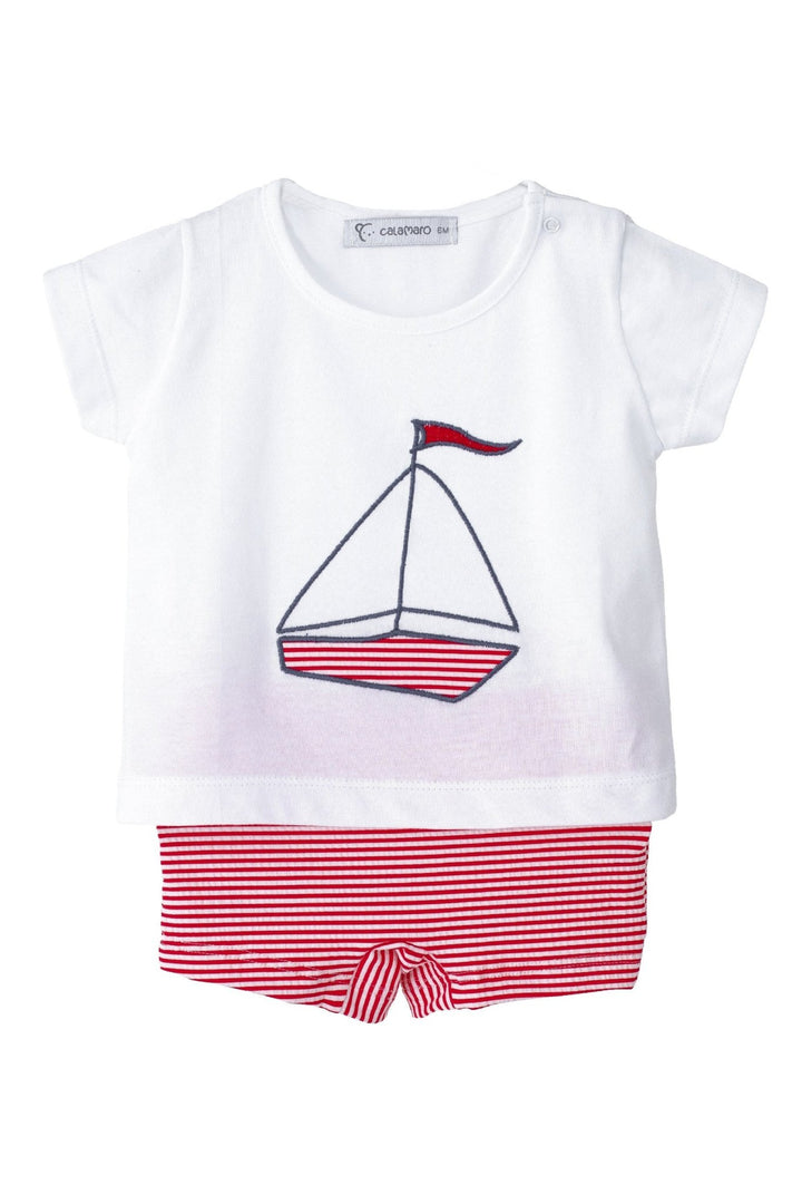 Calamaro "Percival" Red Striped Sailboat T-Shirt & Swim Shorts - Millie and John
