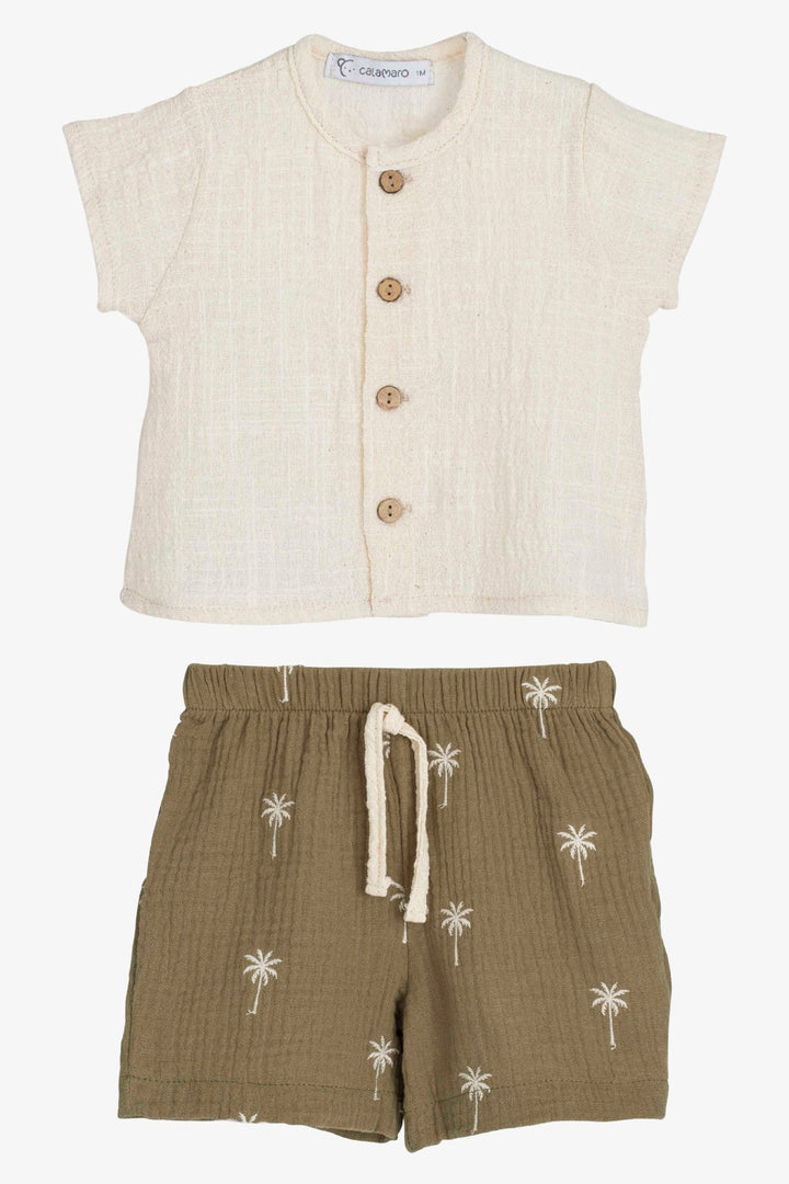 Calamaro PREORDER 🛑 "Julian" Khaki Palm Tree Shirt & Shorts - Millie and John