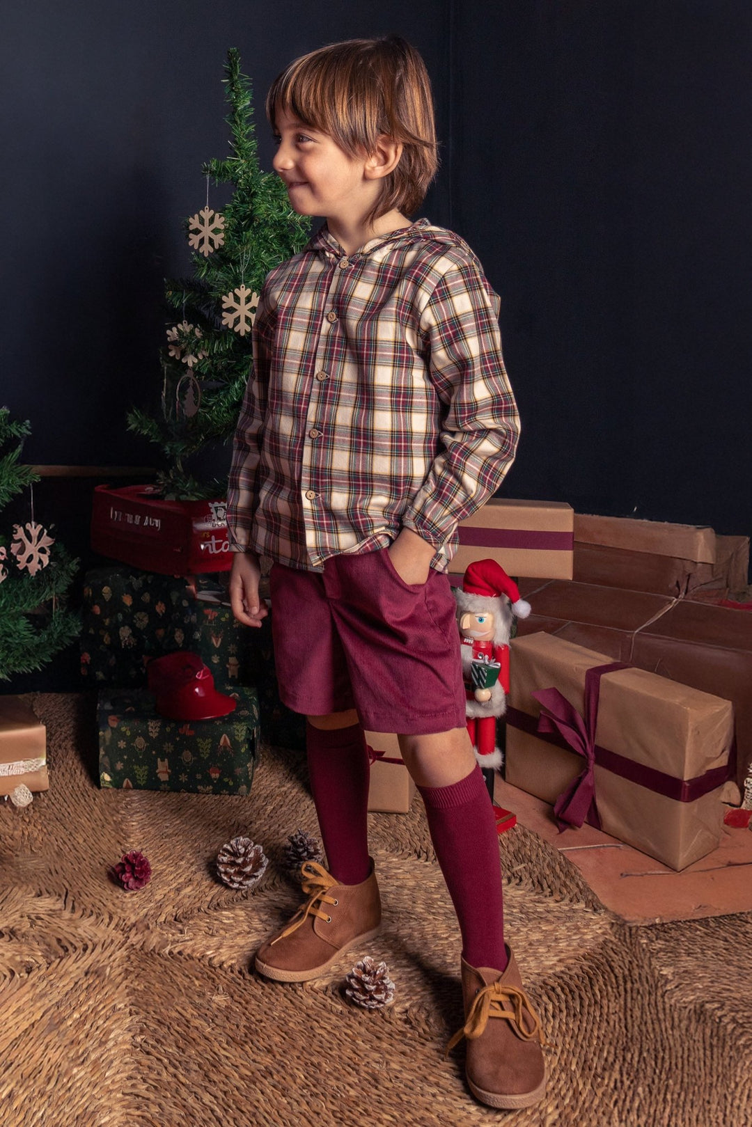 Calamaro "Rafferty" Burgundy & Oatmeal Tartan Hooded Shirt & Shorts - Millie and John