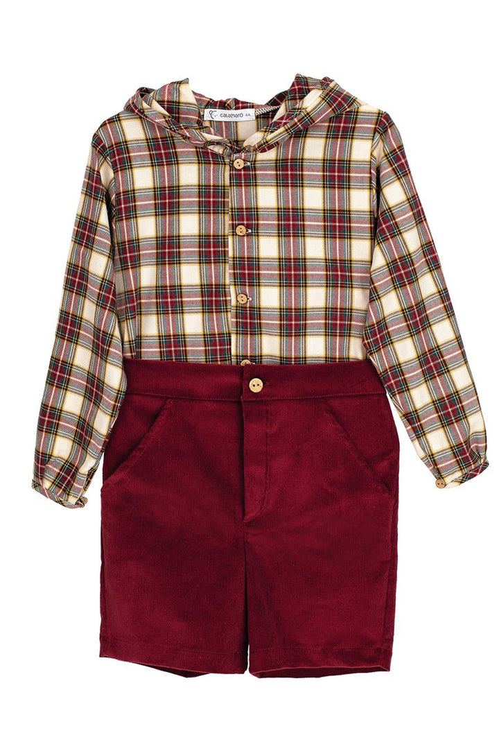 Calamaro "Rafferty" Burgundy & Oatmeal Tartan Hooded Shirt & Shorts - Millie and John