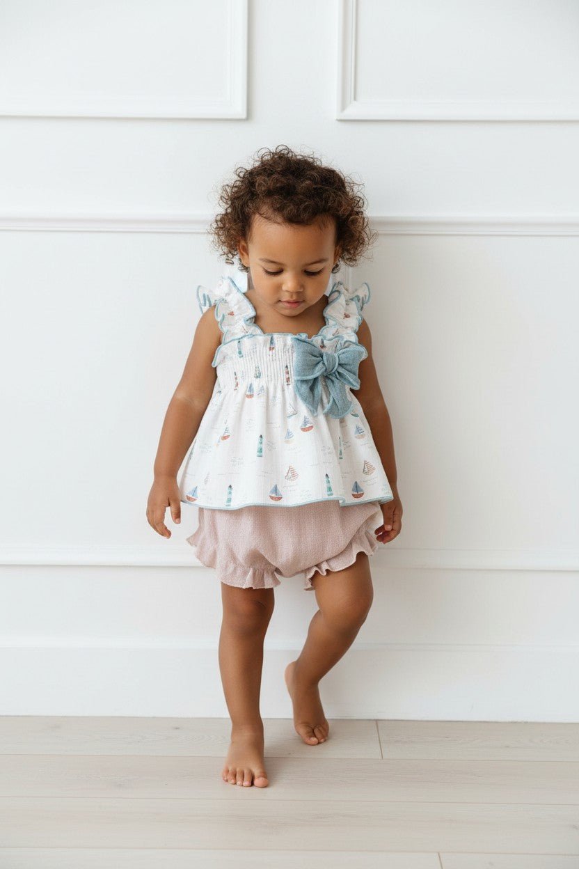 Calamaro "Scarlett" Stone & Teal Sailboat Blouse & Bloomers - Millie and John