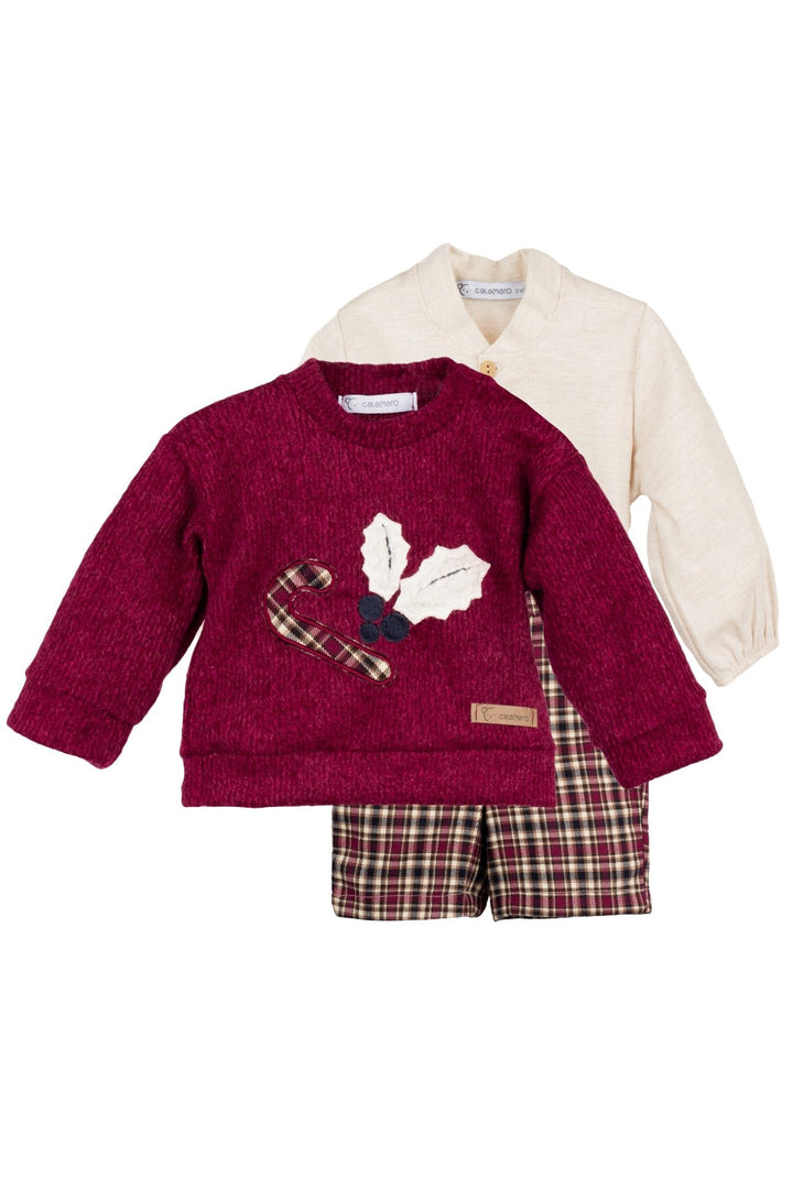 Calamaro "Sonny" Burgundy Chenille Jumper, Shirt & Tartan Shorts - Millie and John