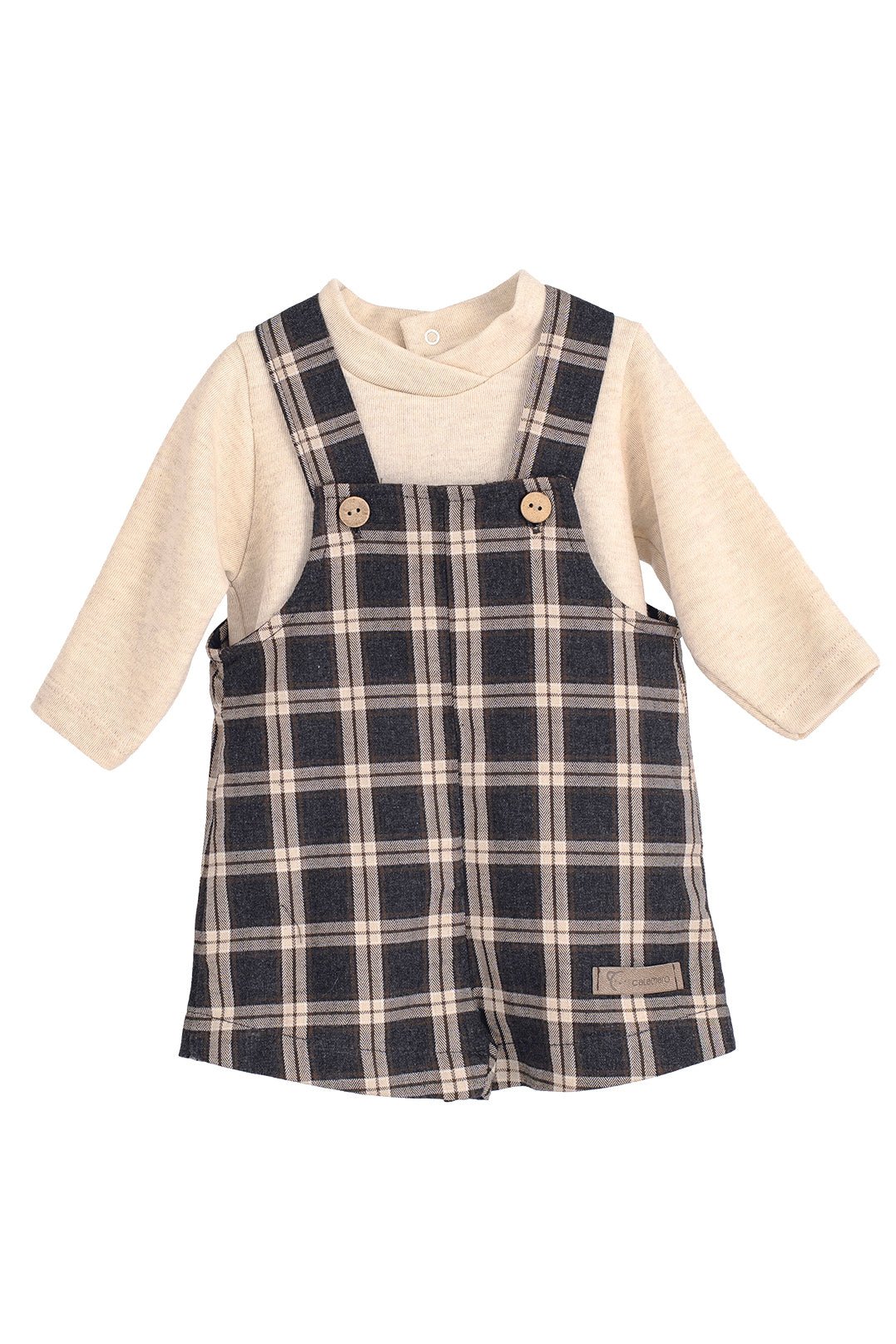 Calamaro "Theo" Charcoal & Stone Tartan Dungaree Set - Millie and John