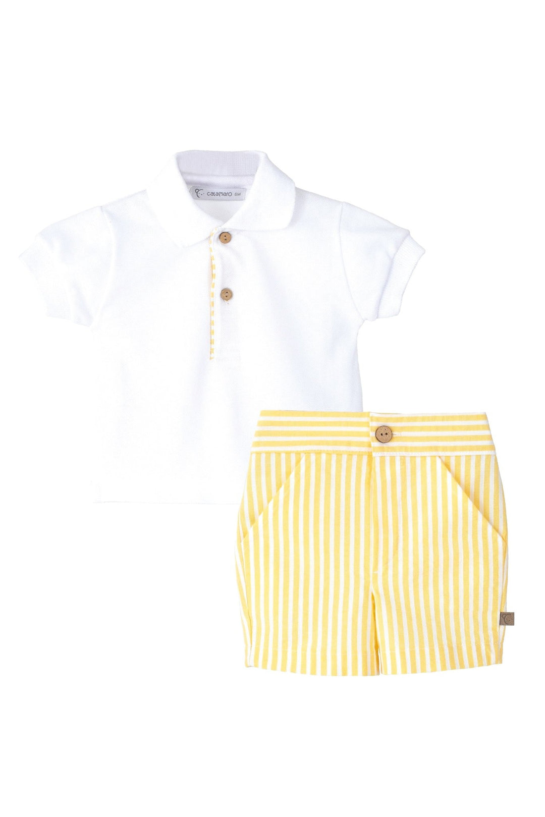 Calamaro "Victor" White Polo Shirt & Lemon Striped Shorts - Millie and John