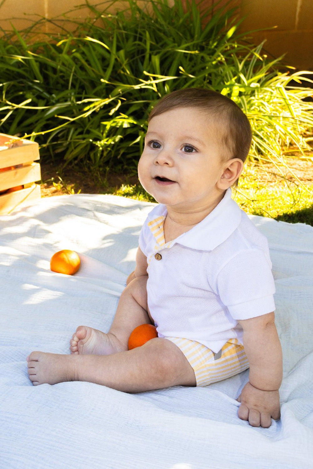 Calamaro "Victor" White Polo Shirt & Lemon Striped Shorts - Millie and John