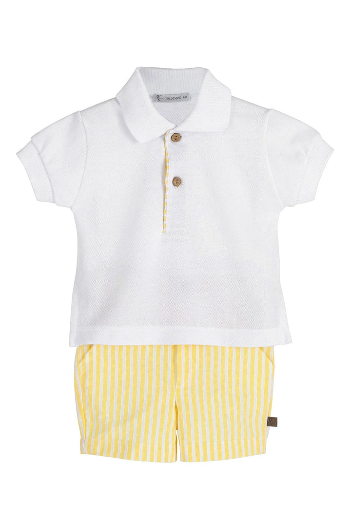 Calamaro "Victor" White Polo Shirt & Lemon Striped Shorts - Millie and John