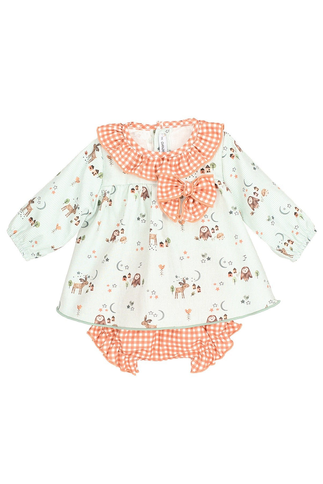 Calamaro "Willa" Sage Green Striped Forest Animals Dress & Bloomers - Millie and John