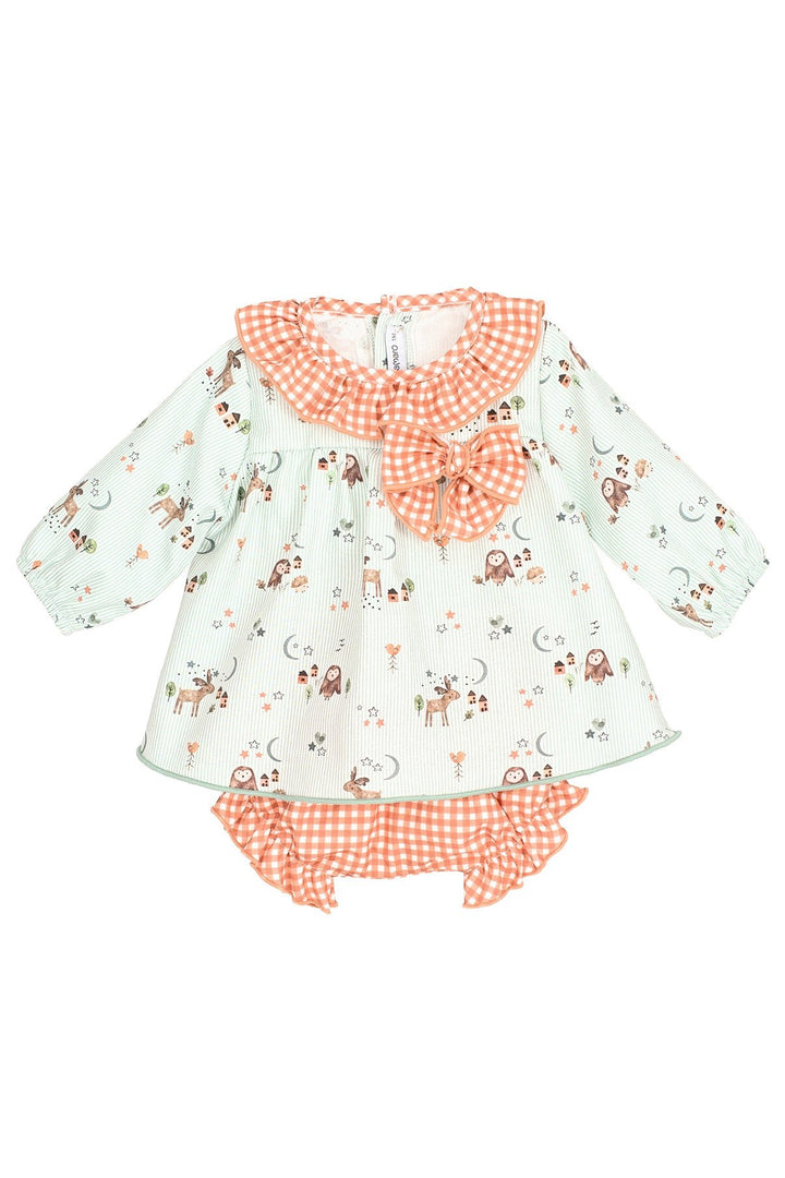 Calamaro "Willa" Sage Green Striped Forest Animals Dress & Bloomers - Millie and John