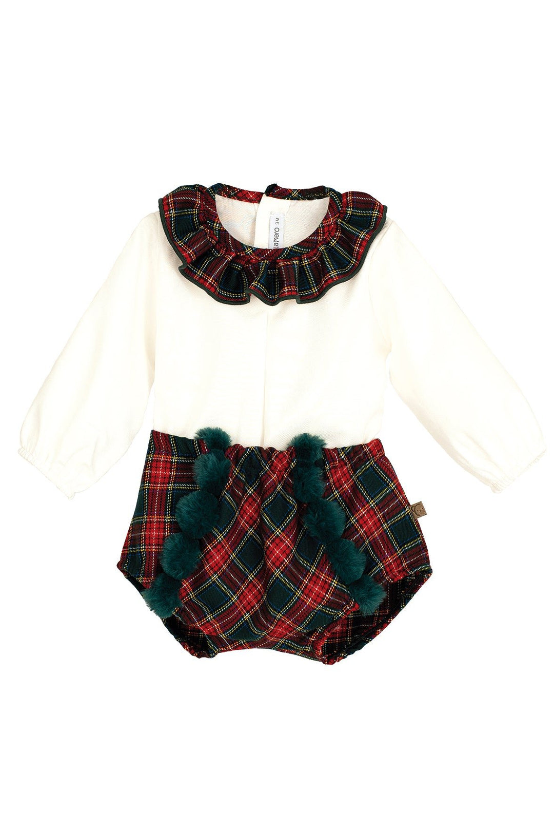 Calamaro "Winifred" Red & Bottle Green Tartan Blouse & Pom Pom Bloomers - Millie and John