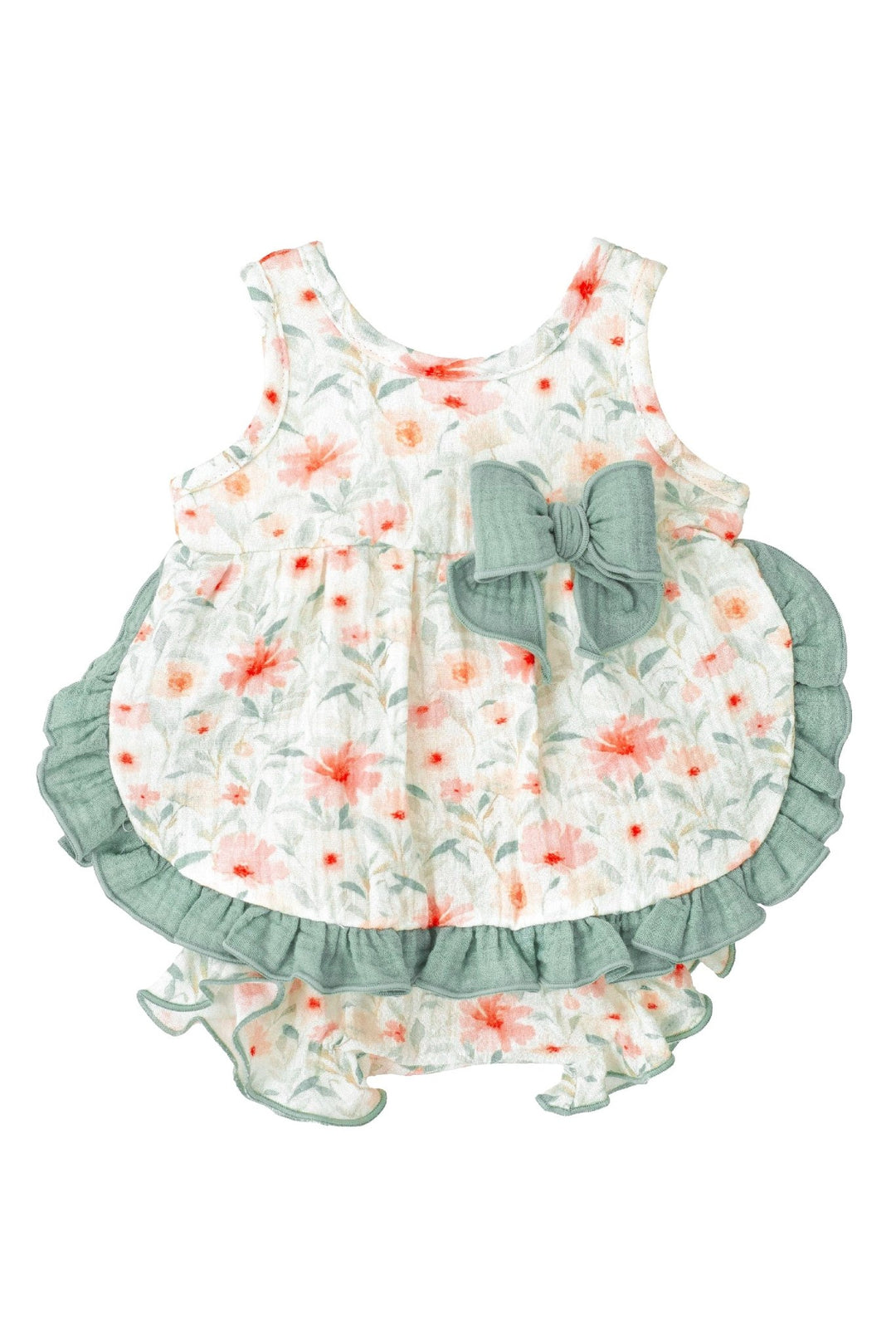 Calamaro "Zora" Sage Green Watercolour Floral Dress & Bloomers - Millie and John