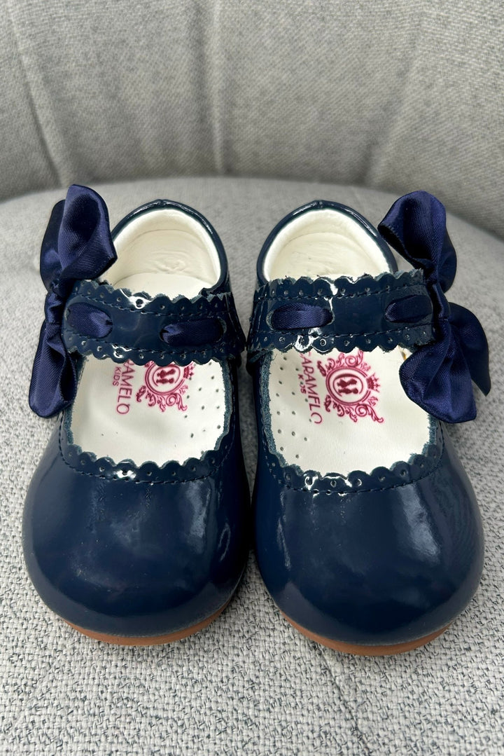 Caramelo Kids Navy Patent Leather Satin Bow Mary Jane Shoes - Millie and John