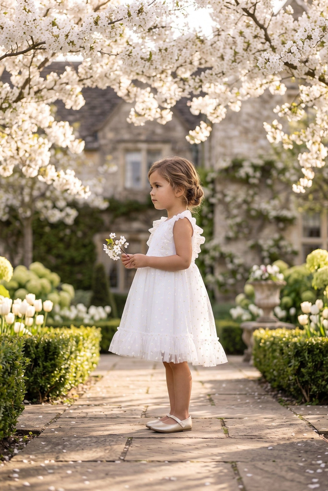 Chic by Deolinda "Anastasia" White Tulle Daisy Print Dress - Millie and John