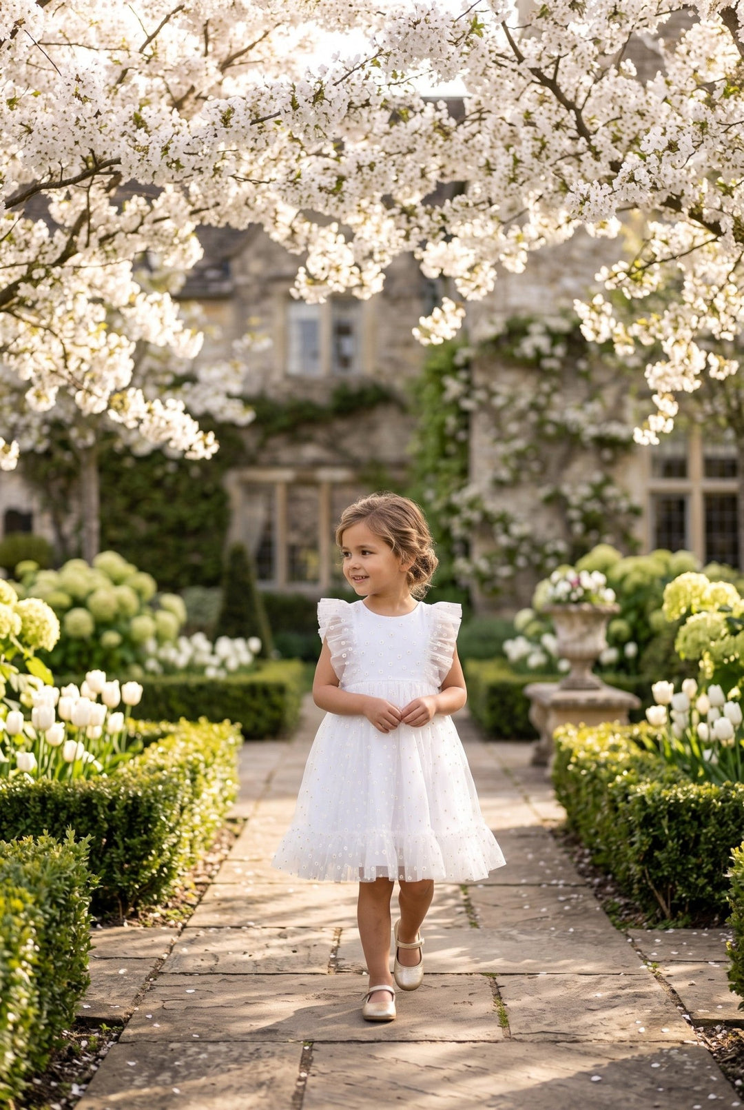 Chic by Deolinda "Anastasia" White Tulle Daisy Print Dress - Millie and John