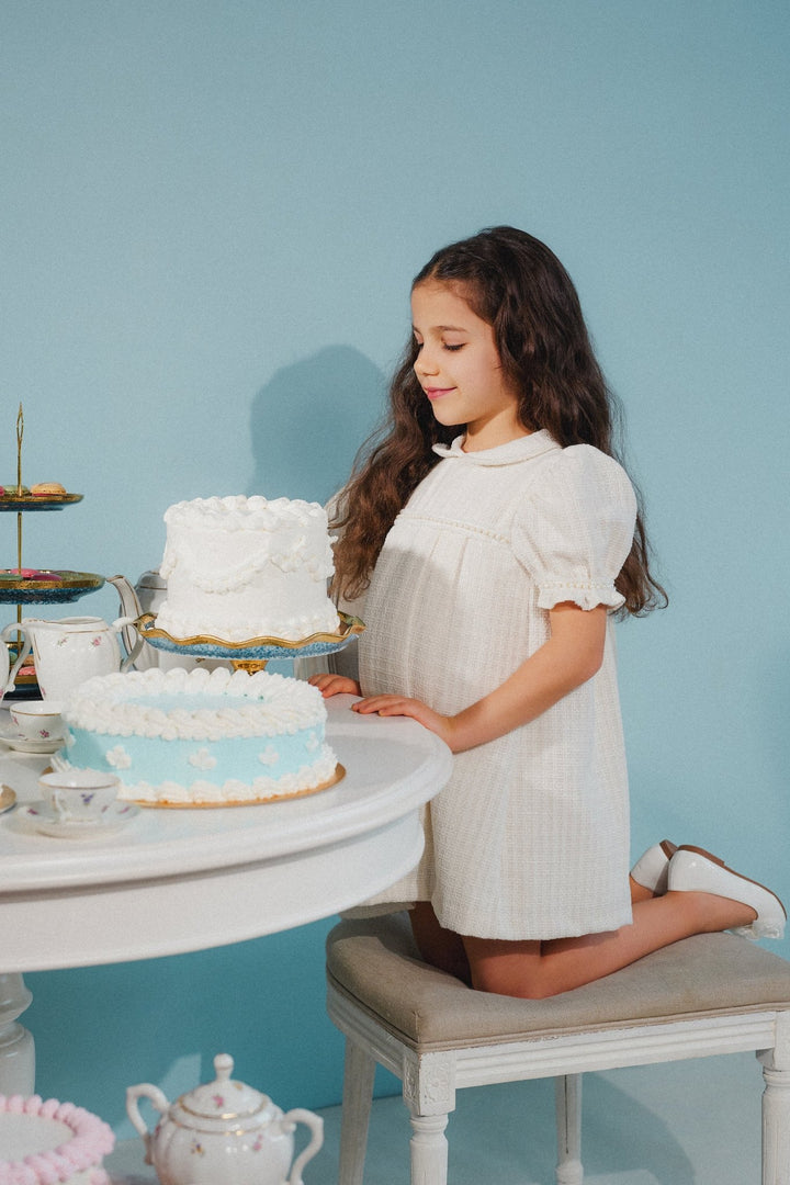 Chic by Deolinda "Clarisse" Cream Shimmer Tweed Pearl Trim Dress - Millie and John