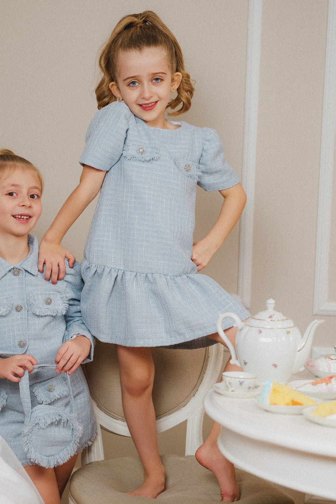 Chic by Deolinda "Margaux" Blue Shimmer Tweed Diamanté Button Dress - Millie and John