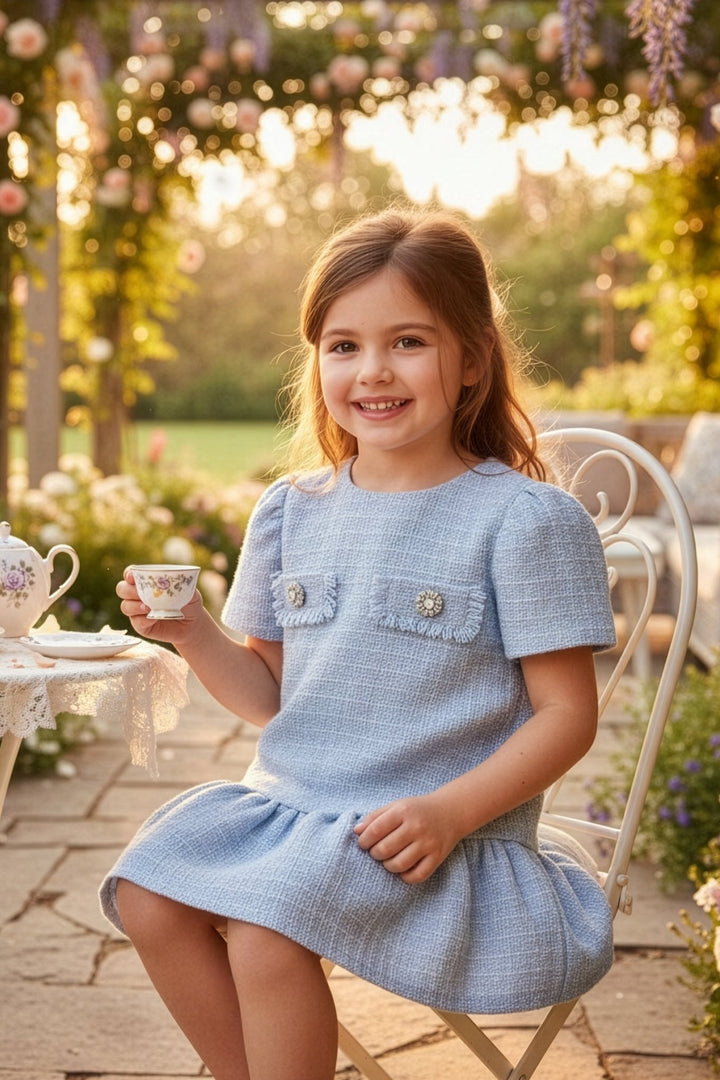 Chic by Deolinda "Margaux" Blue Shimmer Tweed Diamanté Button Dress - Millie and John