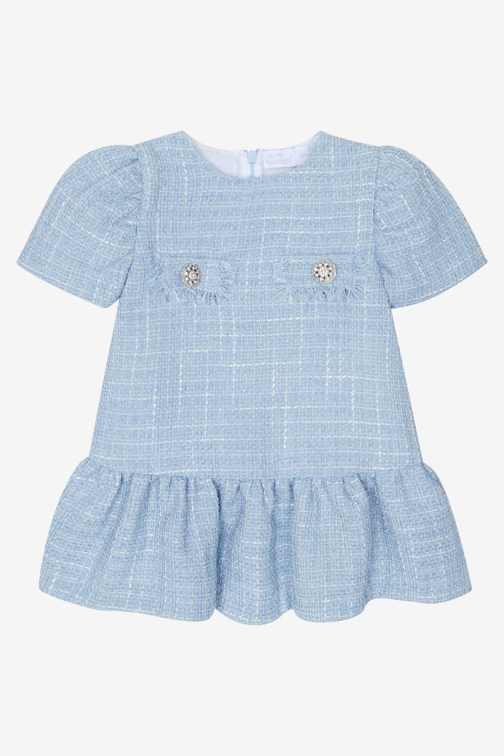 Chic by Deolinda "Margaux" Blue Shimmer Tweed Diamanté Button Dress - Millie and John