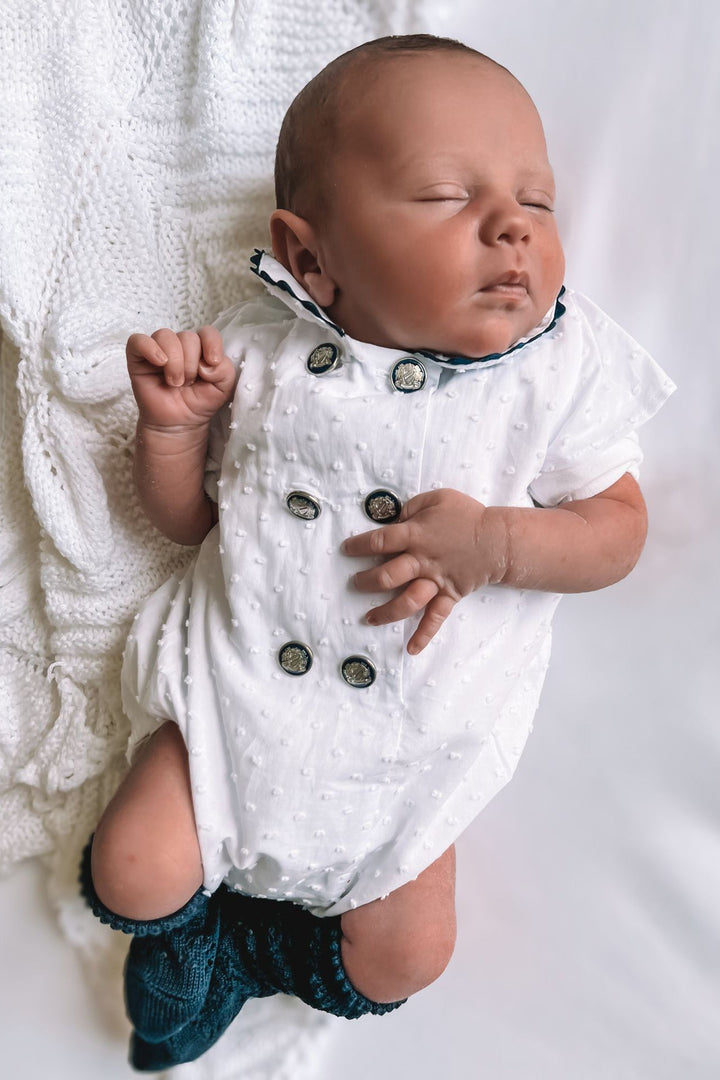 Chic by Deolinda "Royal" White Plumeti Dot Nautical Romper - Millie and John