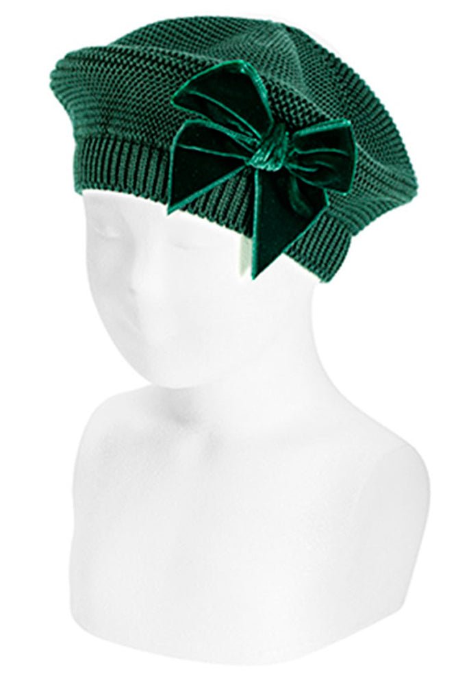 Condor Bottle Green Velvet Bow Beret - Millie and John