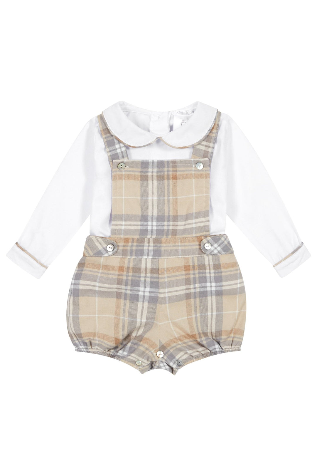 Deolinda "Alf" Beige Tartan Dungaree Romper Set - Millie and John