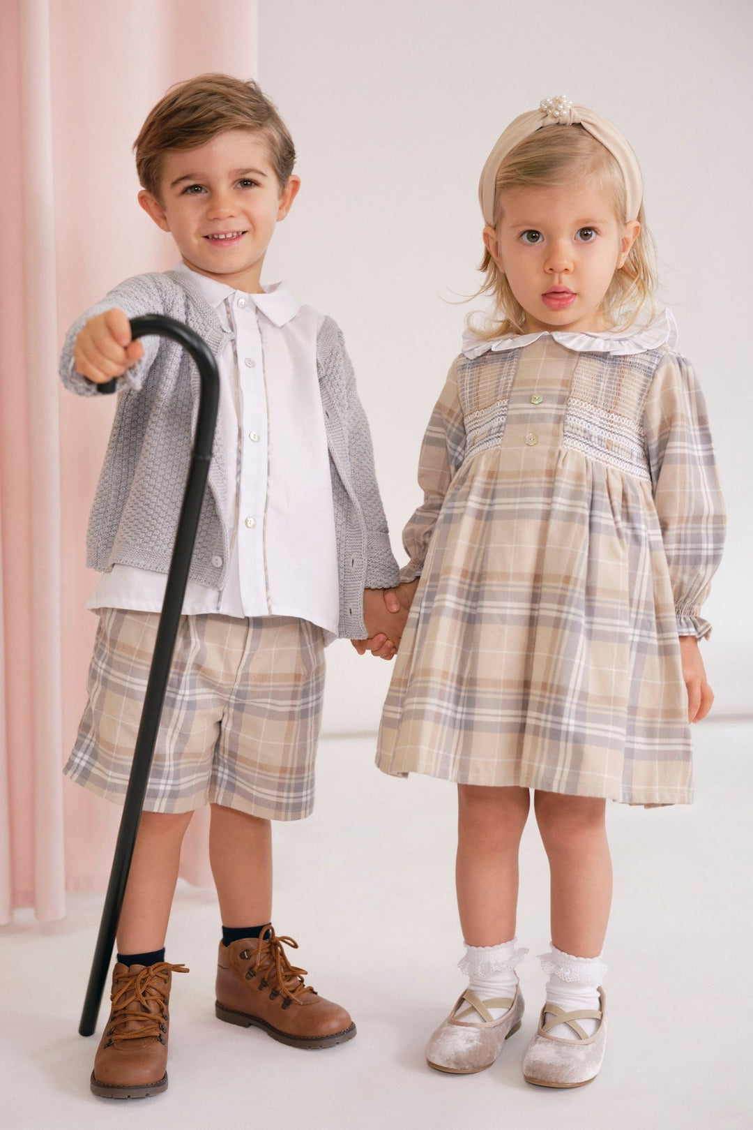 Deolinda "Alvin" Beige Tartan Shirt & Shorts - Millie and John