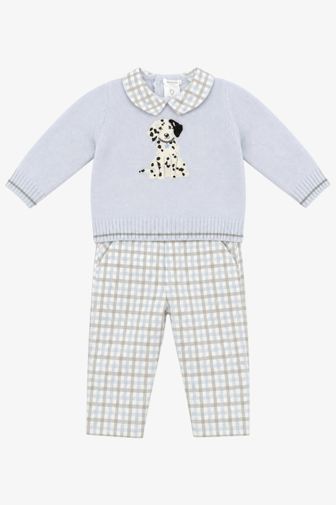 Deolinda "Arthur" Blue &amp; Grey Check Dalmatian Jumper &amp; Trousers - Millie and John