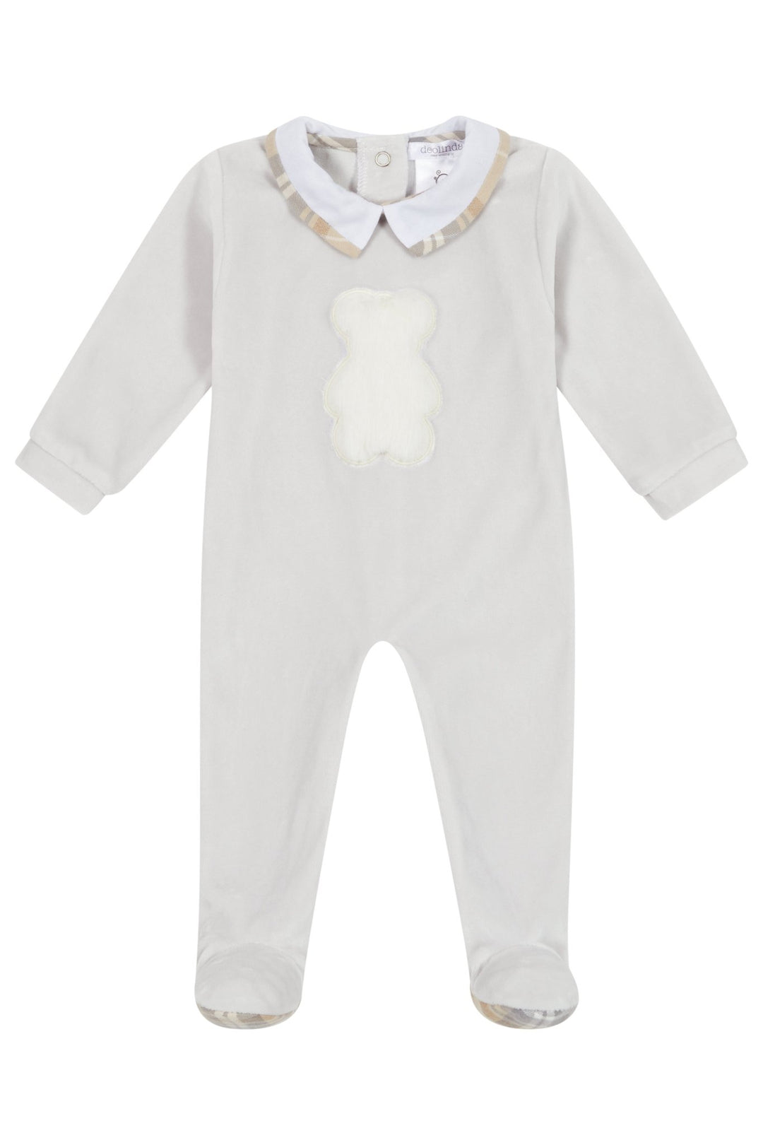 Deolinda "Ash" Light Grey Velour Faux Fur Teddy Sleepsuit - Millie and John