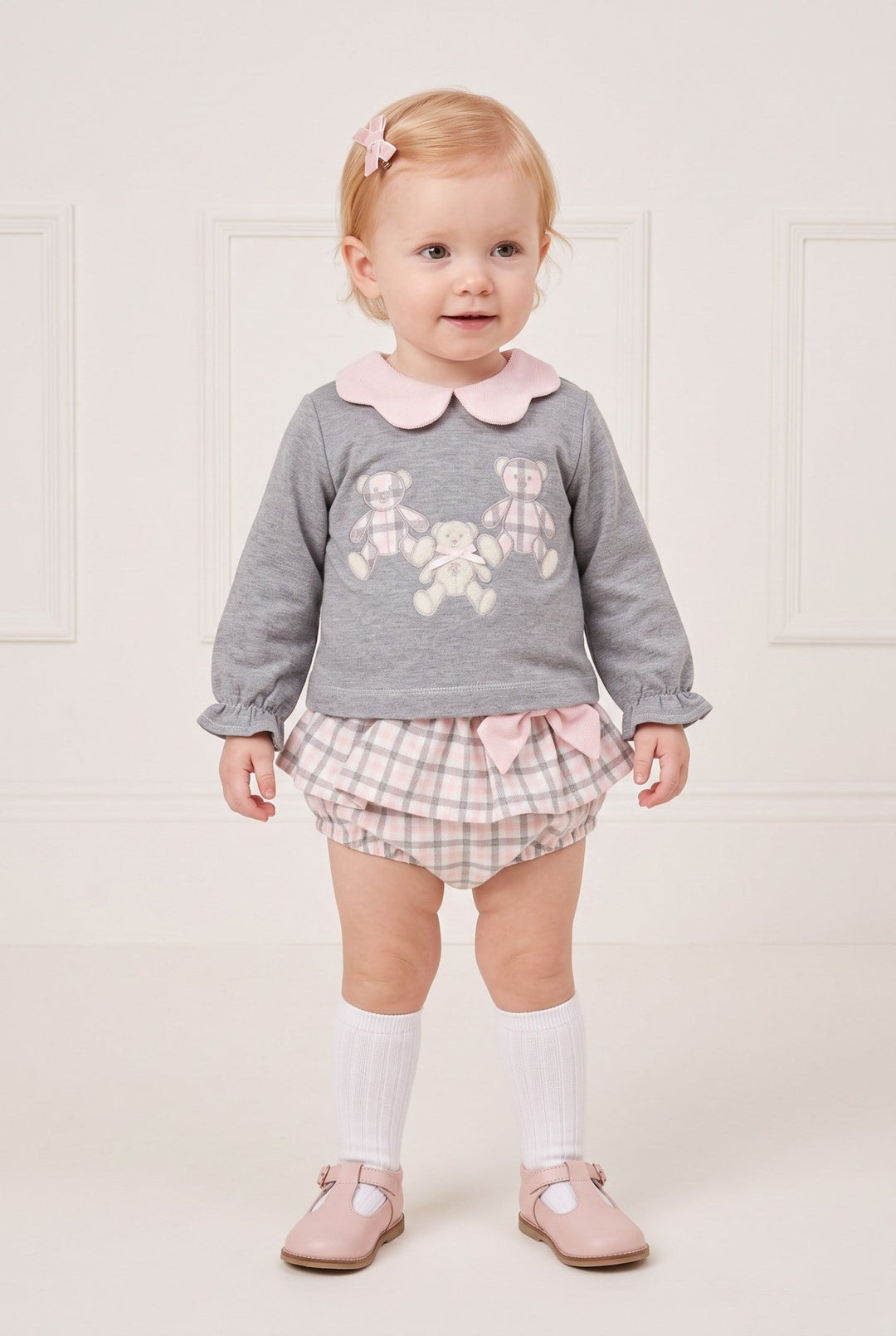 Deolinda "Ava" Grey & Pink Check Top & Bloomers - Millie and John