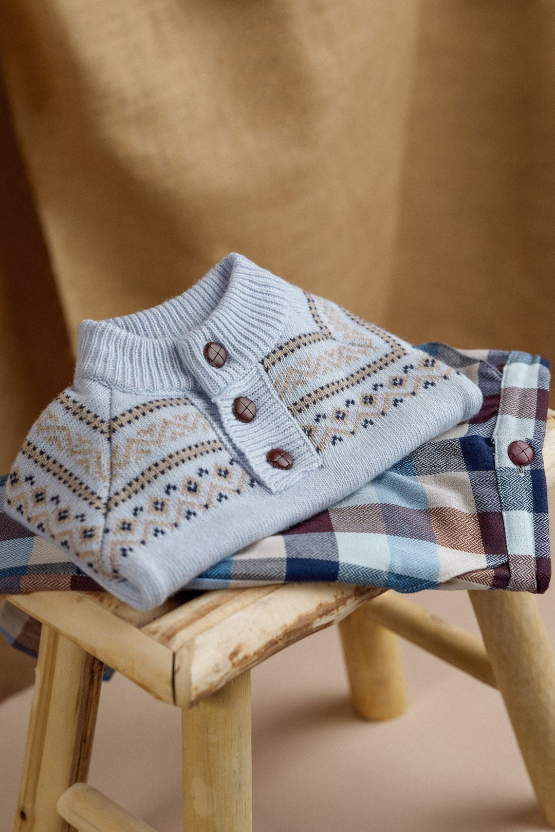 Deolinda "Caspian" Fair Isle Jumper + Blue & Brown Heritage Check Trousers - Millie and John
