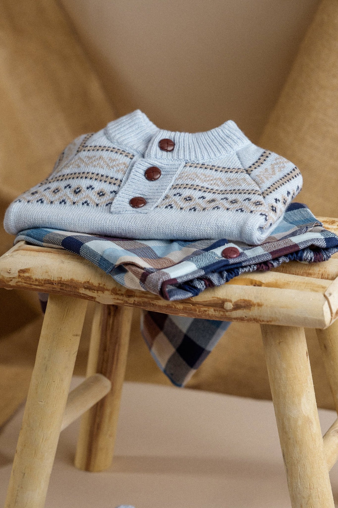 Deolinda "Caspian" Fair Isle Jumper + Blue & Brown Heritage Check Trousers - Millie and John