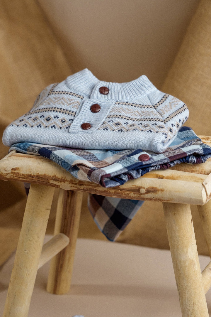 Deolinda "Caspian" Fair Isle Jumper + Blue & Brown Heritage Check Trousers - Millie and John