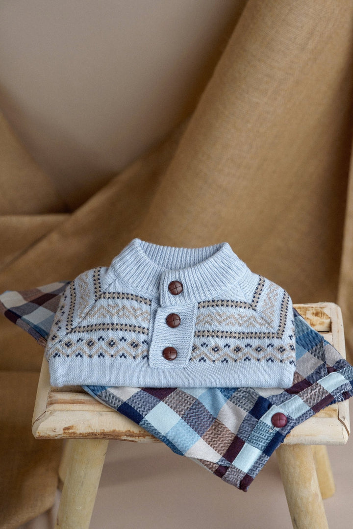 Deolinda "Caspian" Fair Isle Jumper + Blue & Brown Heritage Check Trousers - Millie and John