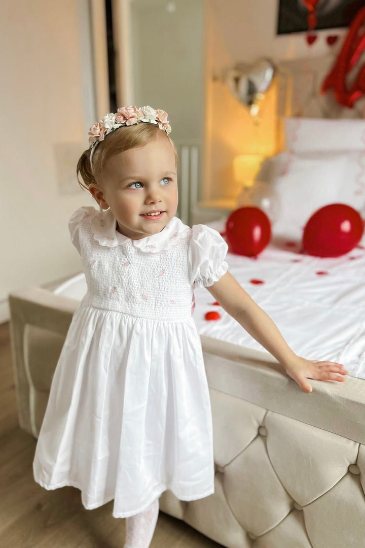 Deolinda "Cassie" White & Pink Smocked Rose Dress - Millie and John
