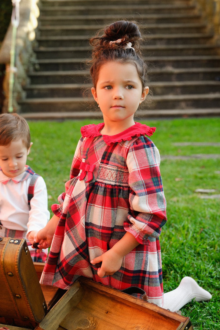 Deolinda "Catriona" Red & Stone Tartan Smocked Dress - Millie and John