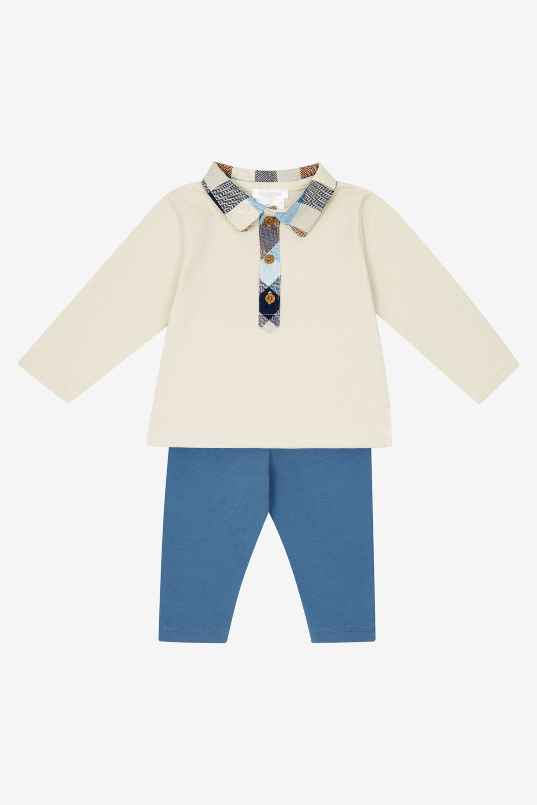 Deolinda "Dominic" Stone & Dusky Blue Check Polo Shirt & Trousers - Millie and John