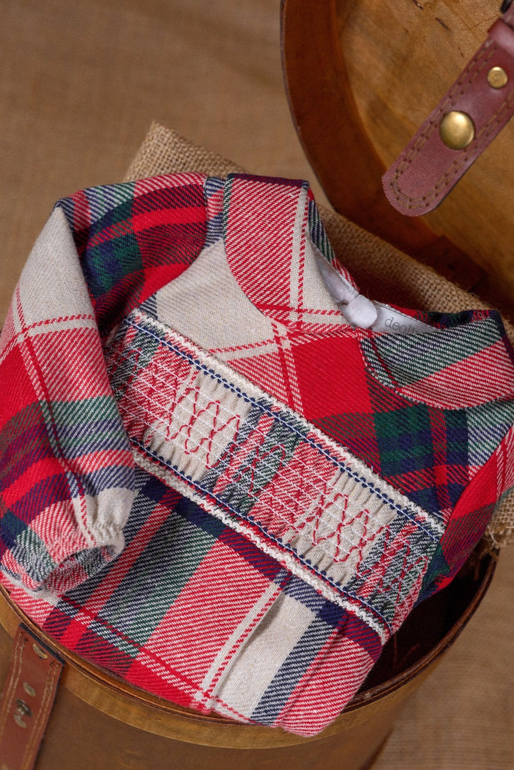 Deolinda "Edmund" Red & Stone Tartan Smocked Romper - Millie and John