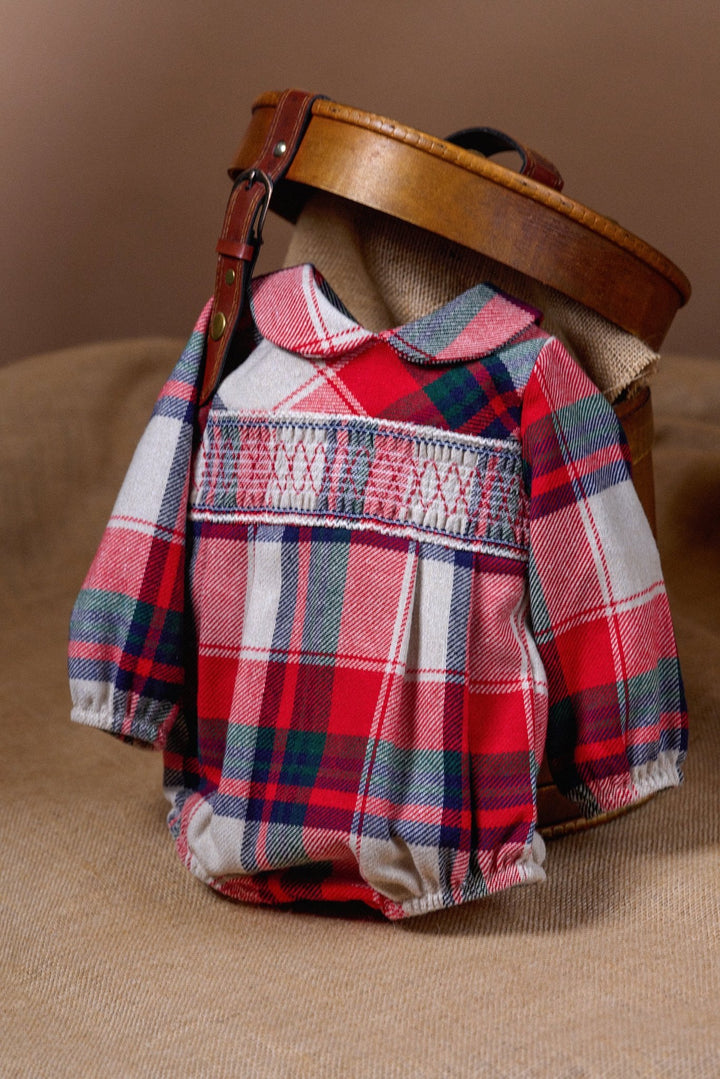 Deolinda "Edmund" Red & Stone Tartan Smocked Romper - Millie and John