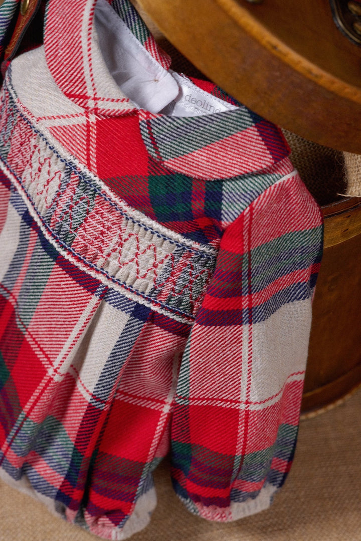 Deolinda "Edmund" Red & Stone Tartan Smocked Romper - Millie and John