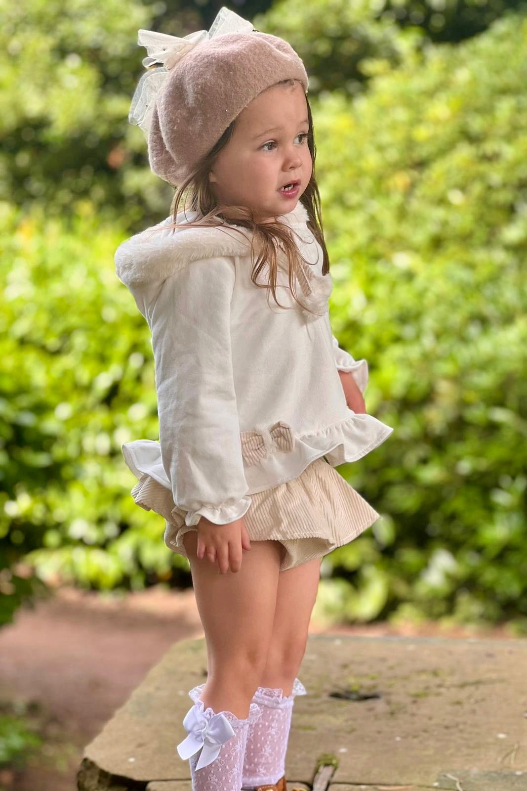 Deolinda "Elinora" Faux Fur Hoodie & Sand Bloomers - Millie and John