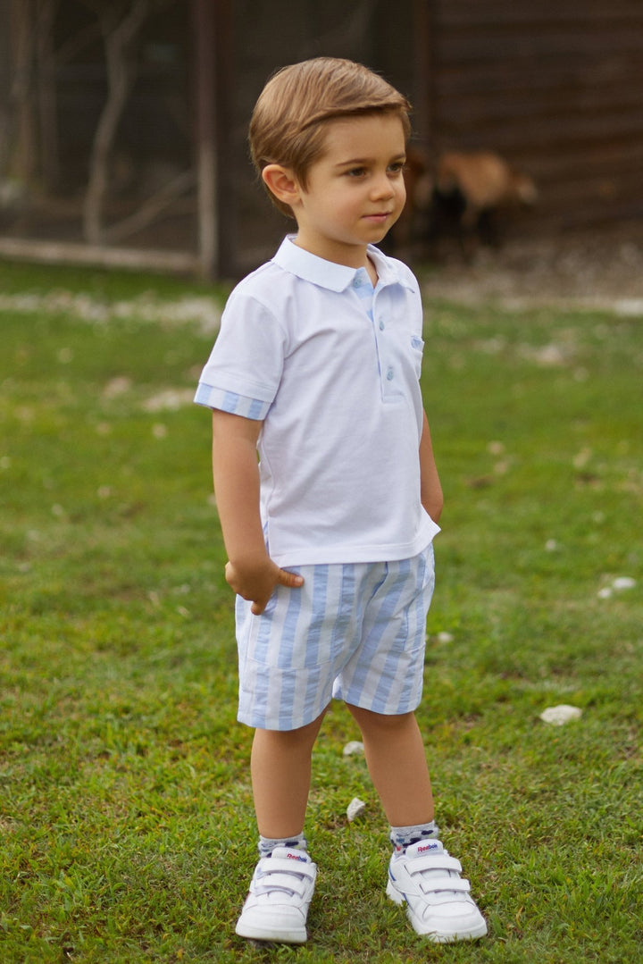 Deolinda "Ethan" Blue Striped Polo Shirt & Shorts - Millie and John